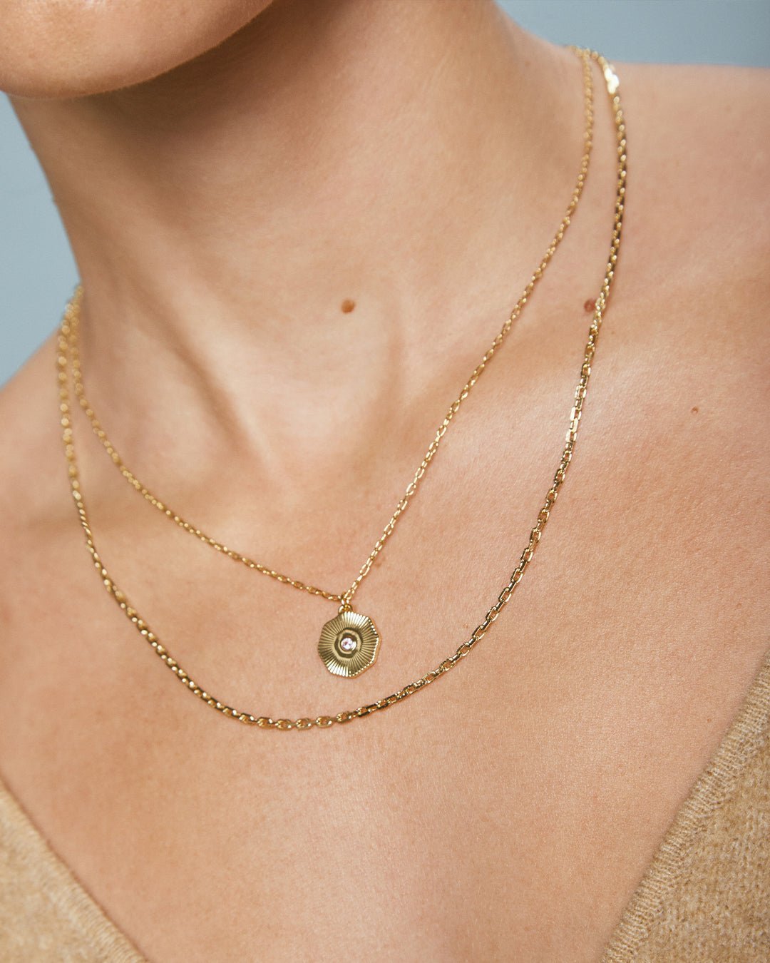 Birthstone Coin Necklace || option::18k Gold Plated, Aquamarine - March