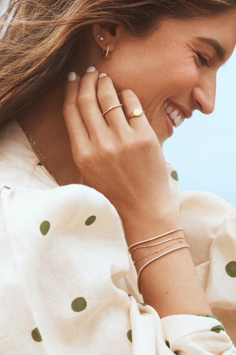 Woman wearing Newport Bracelet || option::14k Solid Gold ||set::14k-gold-newport-bracelet-stl