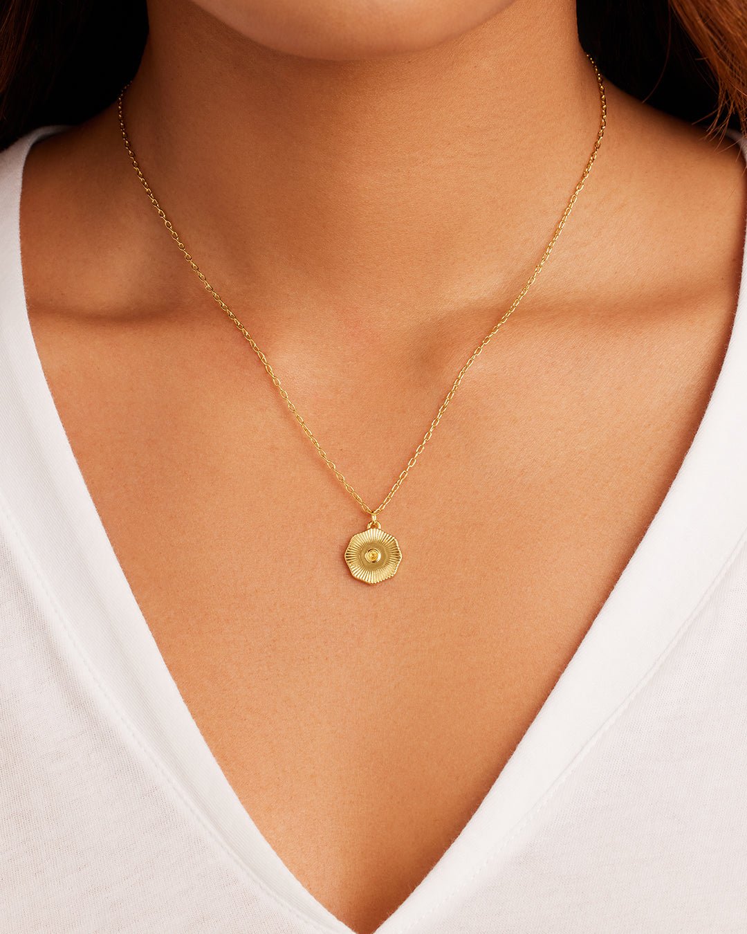 Birthstone Coin Necklace || option::18k Gold Plated, Citrine - November