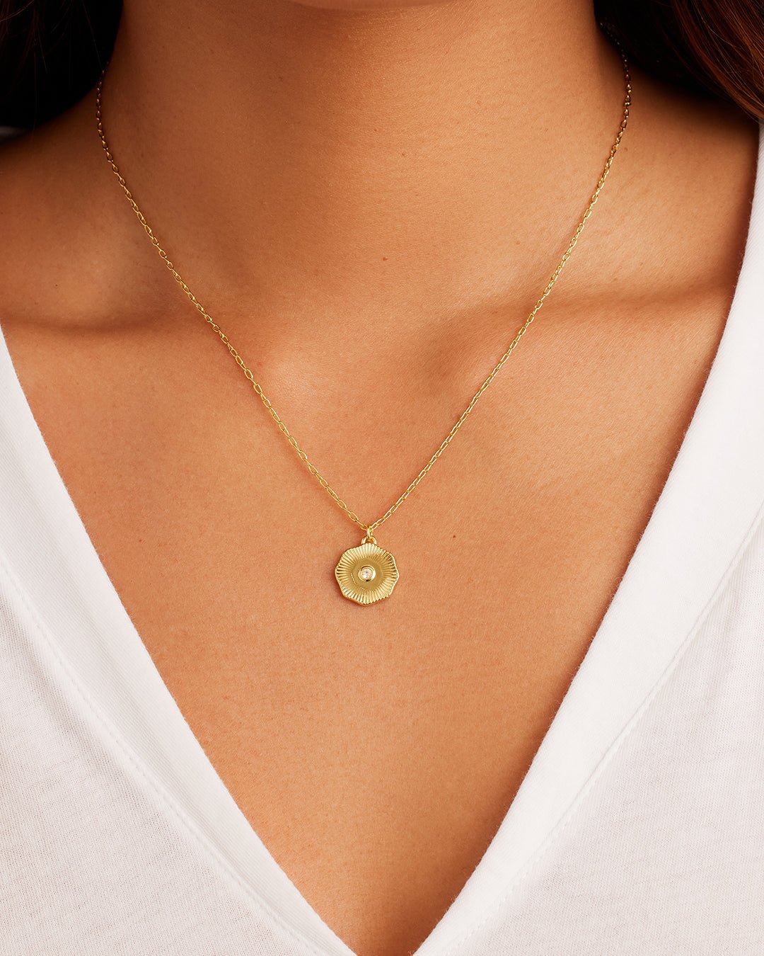 Birthstone Coin Necklace || option::18k Gold Plated, White Sapphire - April