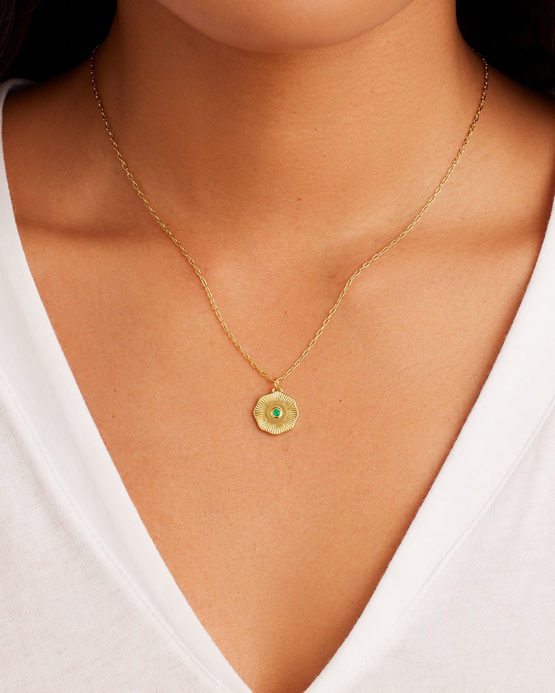 Birthstone Coin Necklace || option::18k Gold Plated, Green Agate - May