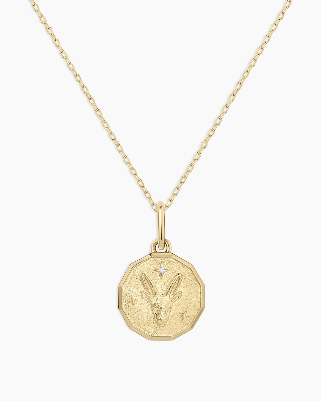 Diamond Zodiac Coin Charm Necklace || option::14k Solid Gold, Capricorn