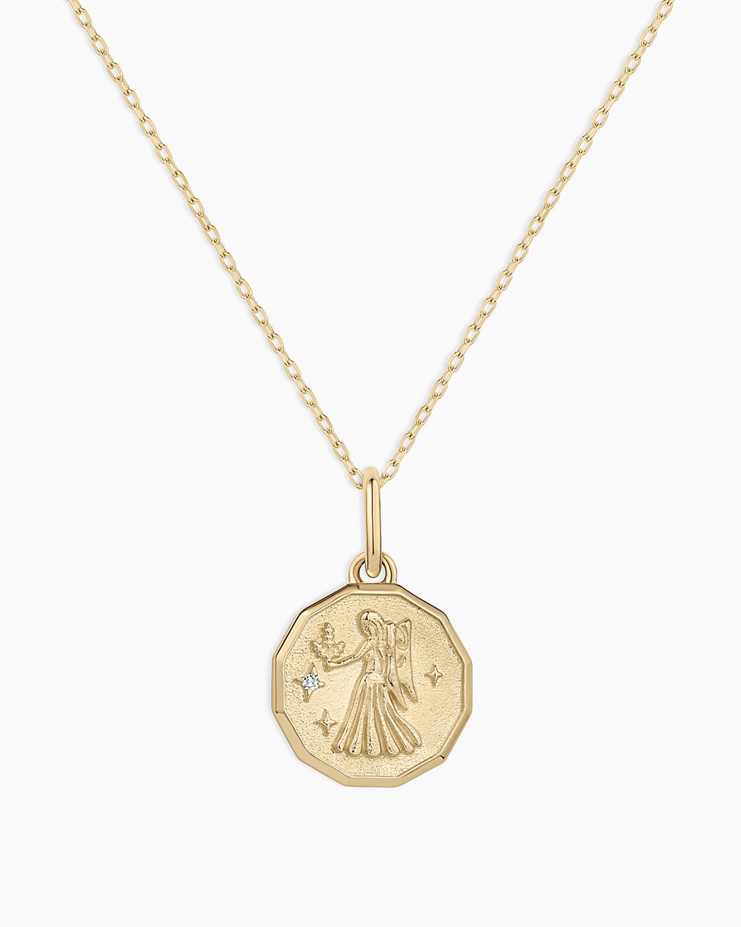 Diamond Zodiac Coin Charm Necklace || option::14k Solid Gold, Virgo