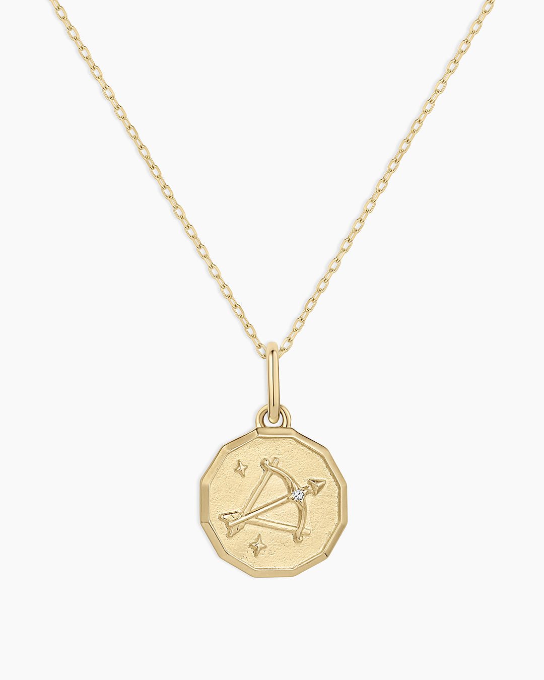 Diamond Zodiac Coin Charm Necklace || option::14k Solid Gold, Sagittarius