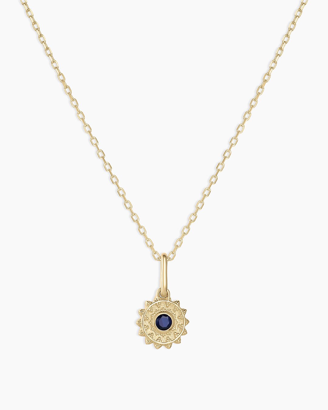 Sun Birthstone Charm Necklace || option::14k Solid Gold, Blue Sapphire - September