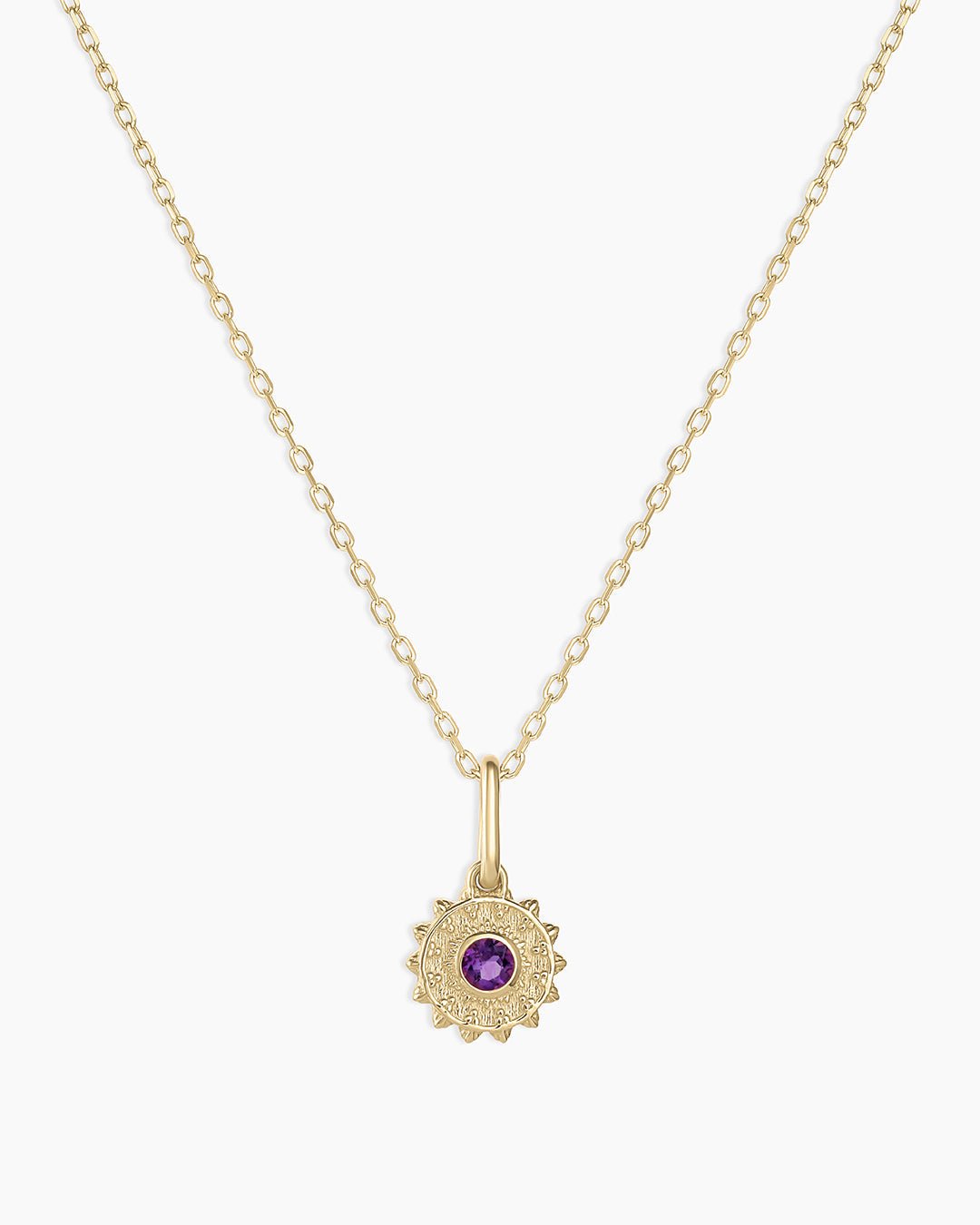 Sun Birthstone Charm Necklace || option::14k Solid Gold, Amethyst - February