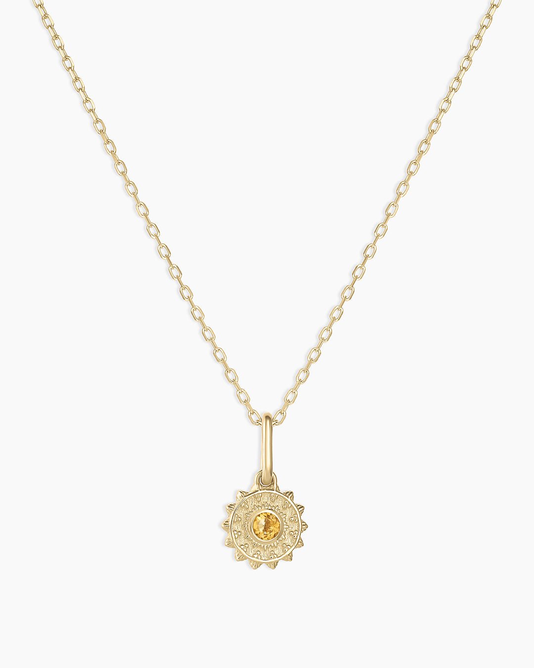 Sun Birthstone Charm Necklace || option::14k Solid Gold, Citrine - November