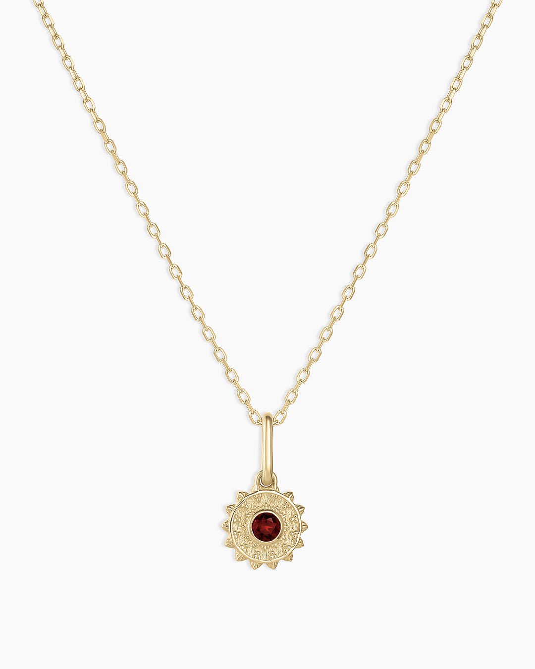 Sun Birthstone Charm Necklace || option::14k Solid Gold, Garnet - January